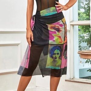 Graphic print mesh skirt